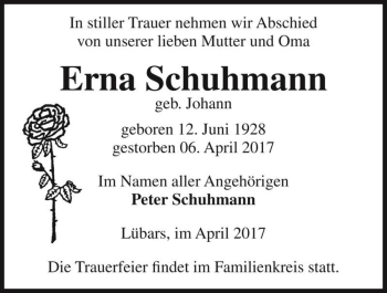 Traueranzeige von Erna Schuhmann (geb. Johann)  von Magdeburger Volksstimme