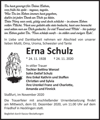 Traueranzeige von Erna Schulz  von Magdeburger Volksstimme