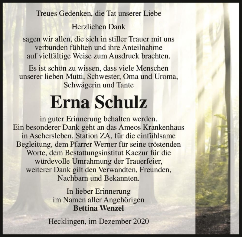  Traueranzeige für Erna Schulz  vom 12.12.2020 aus Magdeburger Volksstimme