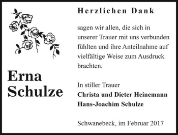 Traueranzeige von Erna Schulze  von Magdeburger Volksstimme