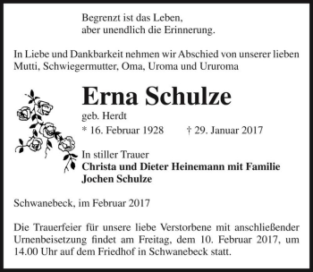 Traueranzeige von Erna Schulze (geb. Herdt)  von Magdeburger Volksstimme