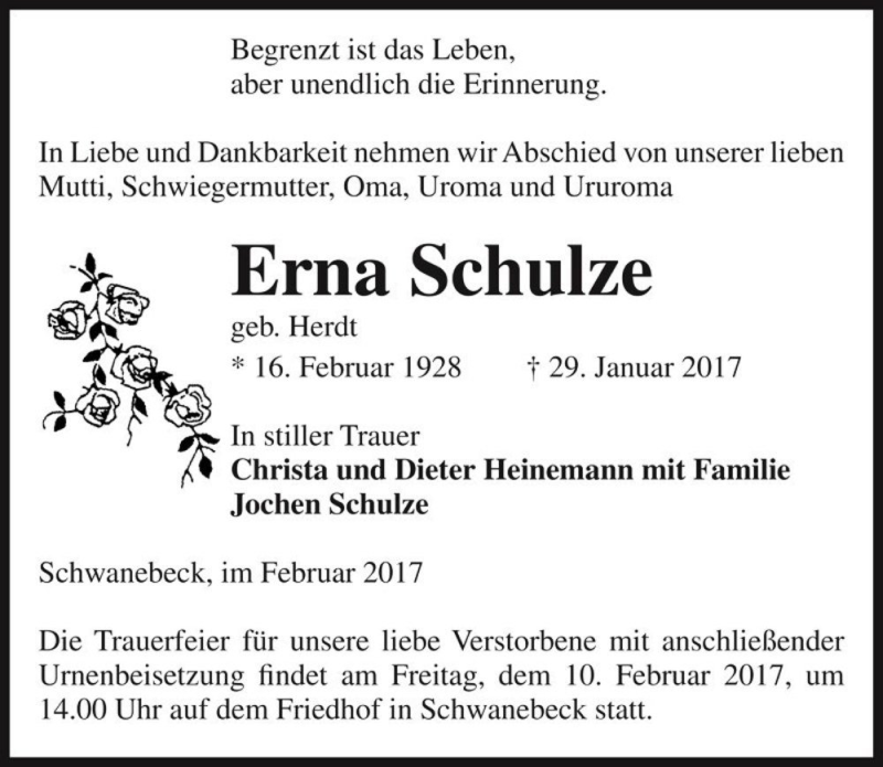  Traueranzeige für Erna Schulze (geb. Herdt)  vom 04.02.2017 aus Magdeburger Volksstimme
