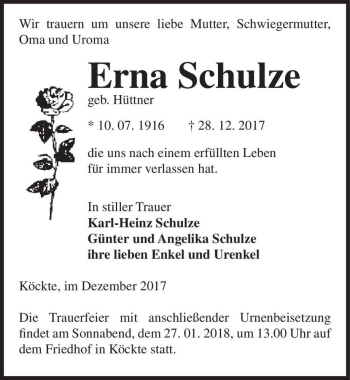 Traueranzeige von Erna Schulze (geb. Hüttner)  von Magdeburger Volksstimme
