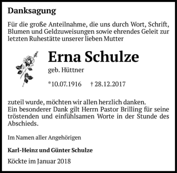 Traueranzeige von Erna Schulze (geb. Hüttner)  von Magdeburger Volksstimme