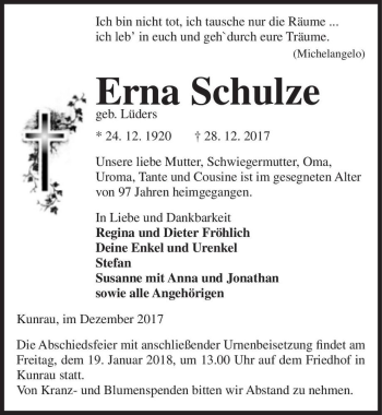 Traueranzeige von Erna Schulze (geb. Lüders)  von Magdeburger Volksstimme