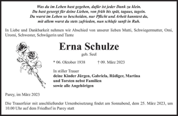 Traueranzeige von Erna Schulze (geb. Seel)  von Magdeburger Volksstimme