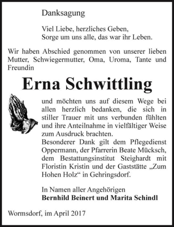 Traueranzeige von Erna Schwittling  von Magdeburger Volksstimme