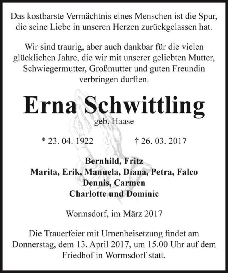 Traueranzeige für Erna Schwittling (geb. Haase)  vom 29.03.2017 aus Magdeburger Volksstimme