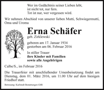 Traueranzeige von Erna Schäfer (geb. Zirklewski)  von Magdeburger Volksstimme