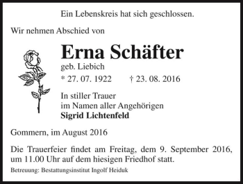 Traueranzeige von Erna Schäfter (geb. Liebich)  von Magdeburger Volksstimme