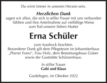 Traueranzeige von Erna Schüler  von Magdeburger Volksstimme