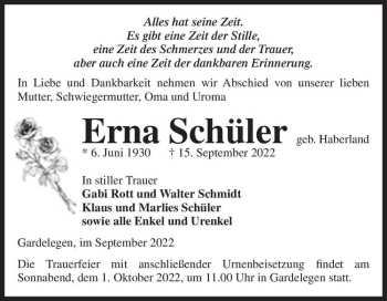 Traueranzeige von Erna Schüler (geb. Haberland)  von Magdeburger Volksstimme