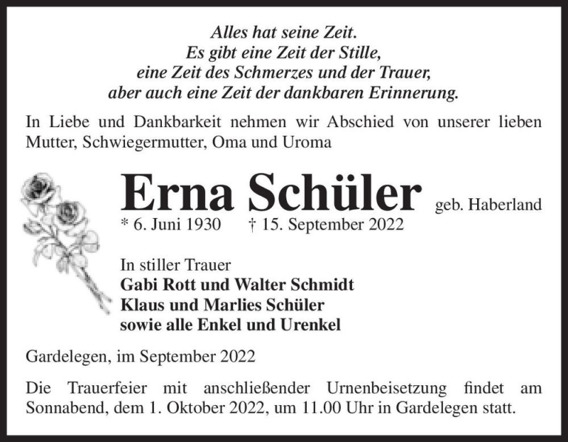  Traueranzeige für Erna Schüler (geb. Haberland)  vom 23.09.2022 aus Magdeburger Volksstimme