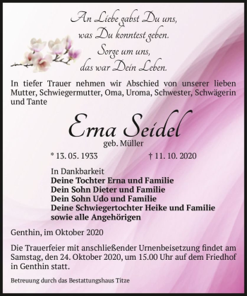 Traueranzeige von Erna Seidel (geb. Müller)  von Magdeburger Volksstimme