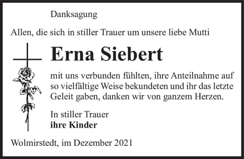  Traueranzeige für Erna Siebert  vom 04.12.2021 aus Magdeburger Volksstimme