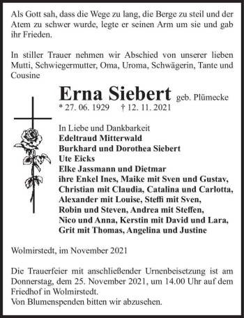 Traueranzeige von Erna Siebert (geb. Plümecke)  von Magdeburger Volksstimme