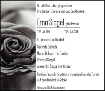 Traueranzeige von Erna Siegel (geb. Battista)  von Magdeburger Volksstimme