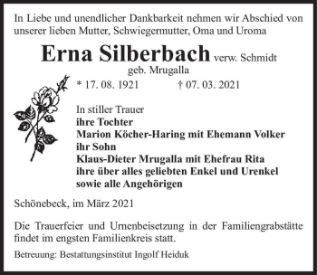 Traueranzeige von Erna Silberbach (verw. Schmidt, geb. Mrugalla)  von Magdeburger Volksstimme