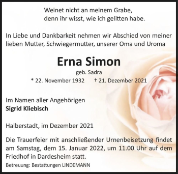 Traueranzeige von Erna Simon (geb. Sadra)  von Magdeburger Volksstimme