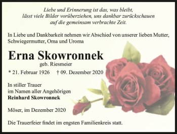 Traueranzeige von Erna Skowronnek (geb. Riesmeier)  von Magdeburger Volksstimme