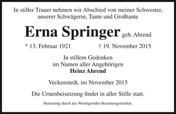 Traueranzeige von Erna Springer (geb. Ahrend)  von Magdeburger Volksstimme