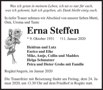 Traueranzeige von Erna Steffen  von Magdeburger Volksstimme
