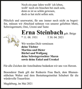 Traueranzeige von Erna Steinbach (geb. Beige)  von Magdeburger Volksstimme