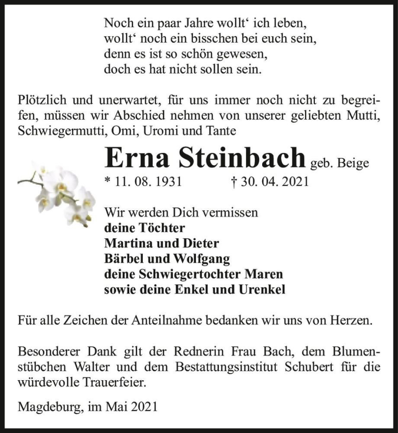  Traueranzeige für Erna Steinbach (geb. Beige)  vom 08.05.2021 aus Magdeburger Volksstimme