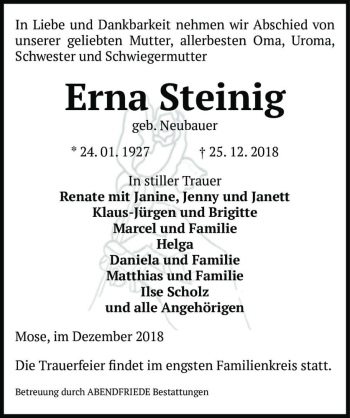 Traueranzeige von Erna Steinig (geb. Neubauer)  von Magdeburger Volksstimme
