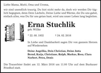 Traueranzeige von Erna Stuchlik (geb. Willke)  von Magdeburger Volksstimme
