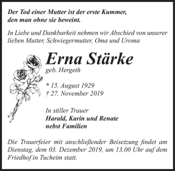 Traueranzeige von Erna Stärke (geb. Hergeth)  von Magdeburger Volksstimme