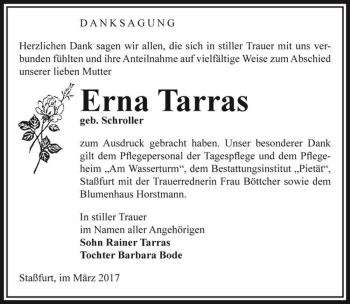 Traueranzeige von Erna Tarras (geb. Schroller)  von Magdeburger Volksstimme