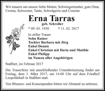 Traueranzeige von Erna Tarras (geb. Schroller)  von Magdeburger Volksstimme