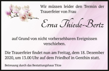 Traueranzeige von Erna Thiede-Bertz  von Magdeburger Volksstimme
