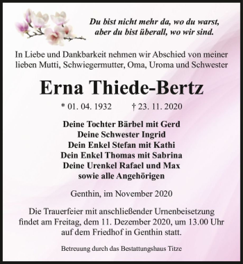Traueranzeige von Erna Thiede-Bertz  von Magdeburger Volksstimme