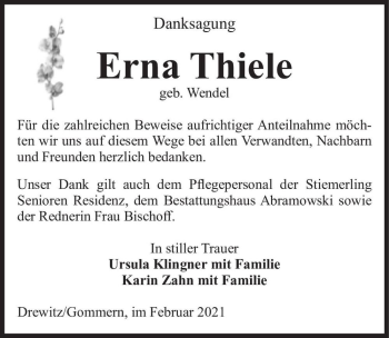 Traueranzeige von Erna Thiele (geb. Wendel)  von Magdeburger Volksstimme