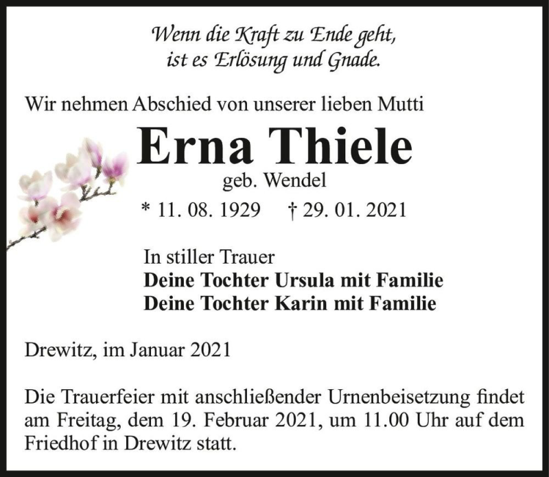  Traueranzeige für Erna Thiele (geb. Wendel)  vom 06.02.2021 aus Magdeburger Volksstimme