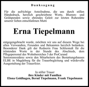 Traueranzeige von Erna Tiepelmann  von Magdeburger Volksstimme