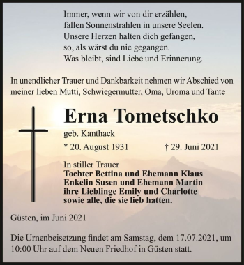 Traueranzeige von Erna Tometschko (geb. Kanthack)  von Magdeburger Volksstimme