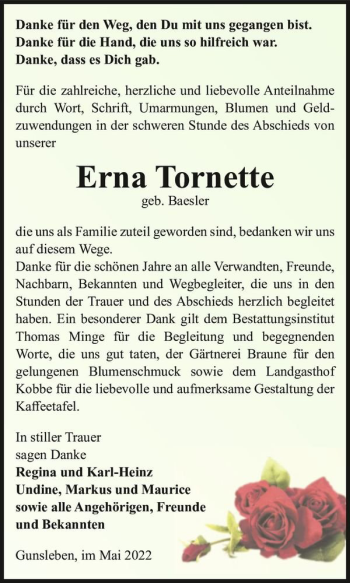 Traueranzeige von Erna Tornette (geb. Baesler)  von Magdeburger Volksstimme