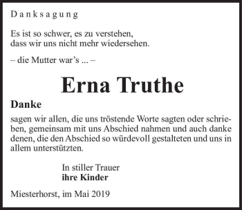 Traueranzeige von Erna Truthe  von Magdeburger Volksstimme