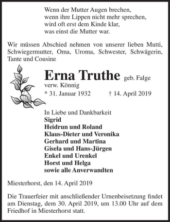 Traueranzeige von Erna Truthe (geb. Falge, verw. Könnig)  von Magdeburger Volksstimme