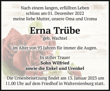 Traueranzeige von Erna Trübe (geb. Wachtel)  von Magdeburger Volksstimme