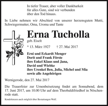 Traueranzeige von Erna Tucholla (geb. Eiselt)  von Magdeburger Volksstimme