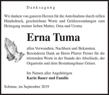 Traueranzeige von Erna Tuma  von Magdeburger Volksstimme