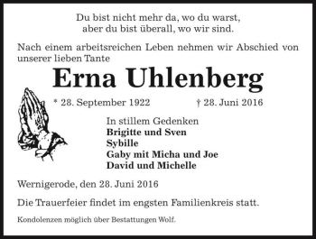 Traueranzeige von Erna Uhlenberg  von Magdeburger Volksstimme