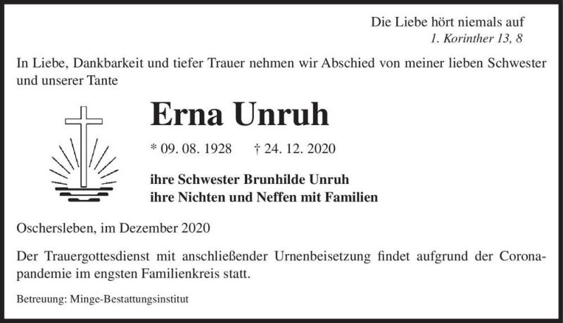  Traueranzeige für Erna Unruh  vom 02.01.2021 aus Magdeburger Volksstimme