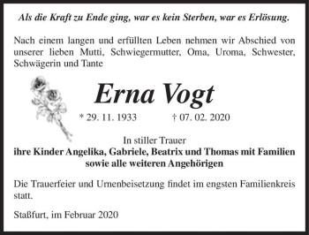 Traueranzeige von Erna Vogt  von Magdeburger Volksstimme