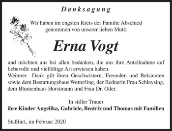 Traueranzeige von Erna Vogt  von Magdeburger Volksstimme