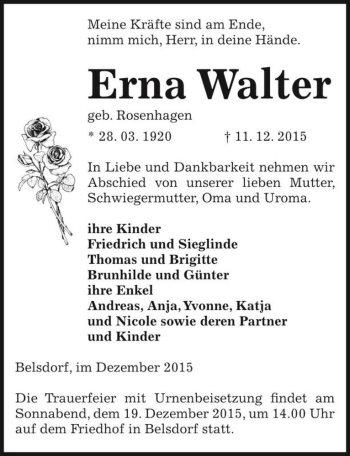 Traueranzeige von Erna Walter (geb. Rosenhagen)  von Magdeburger Volksstimme